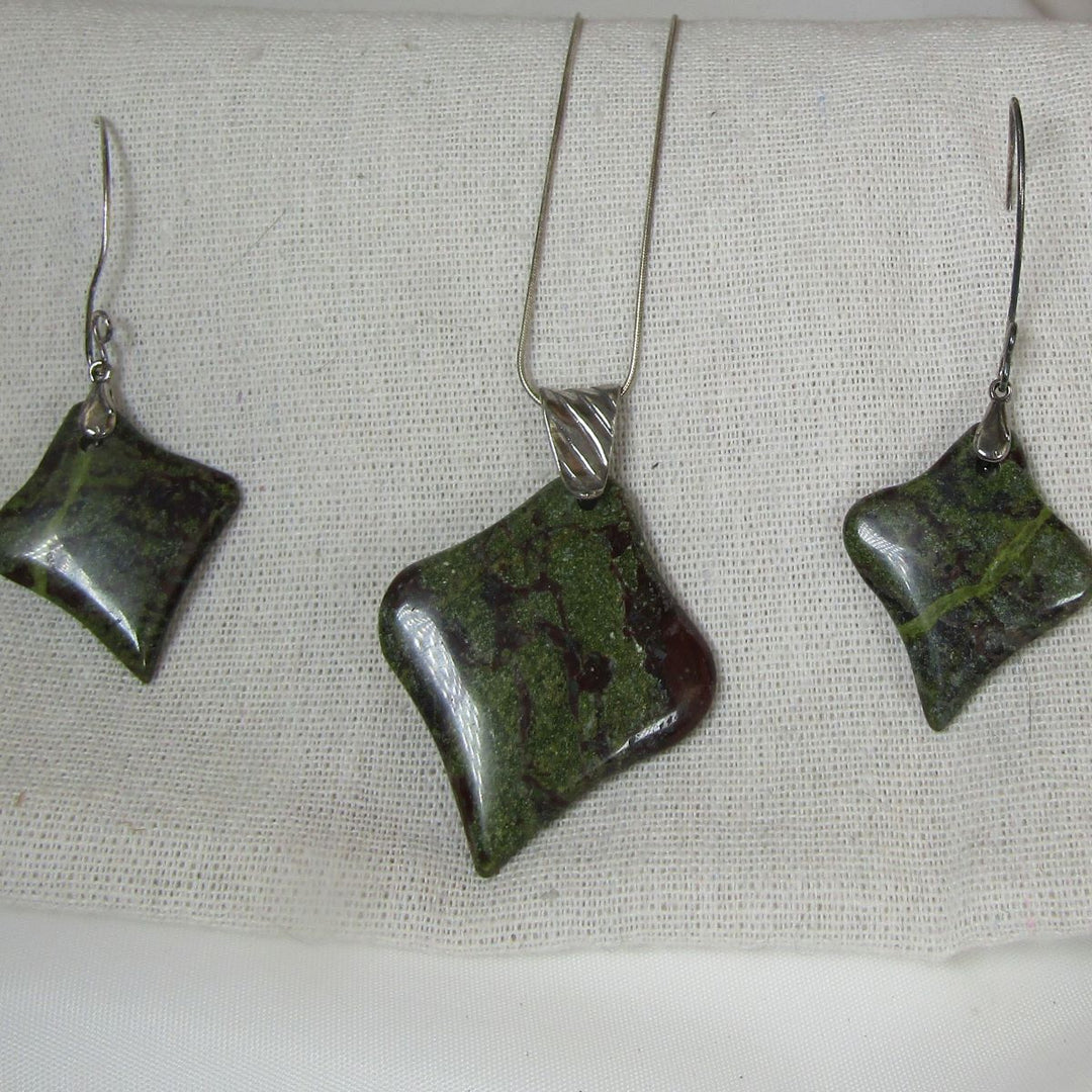 Dark Green Gemstone Pendant Matching Earrings Dragon Blood Jasper - VP's Jewelry