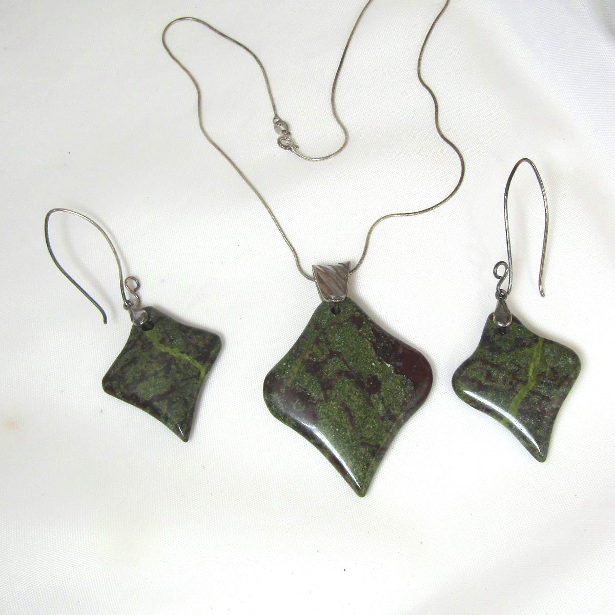 Dark Green Gemstone Pendant Matching Earrings Dragon Blood Jasper - VP's Jewelry