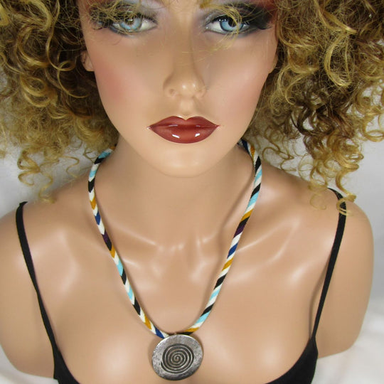 Big Silver Pendant on Multi-colored Leather Necklace - VP's Jewelry