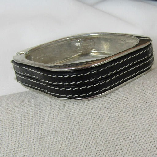 Silver Square Bangle Bracelet Leather - VP's Jewelry