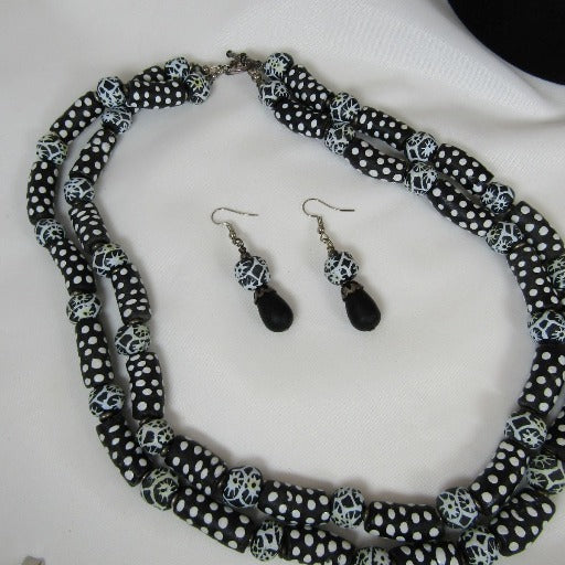 Black & White Handmade African Trade Bead Necklace & Earrings - VP's Jewelry