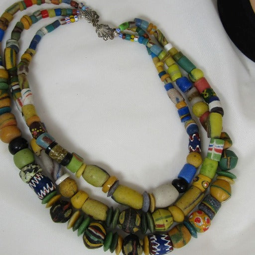 Handmade African Trade Krobo Bead Necklace Triple Strand - VP's Jewelry