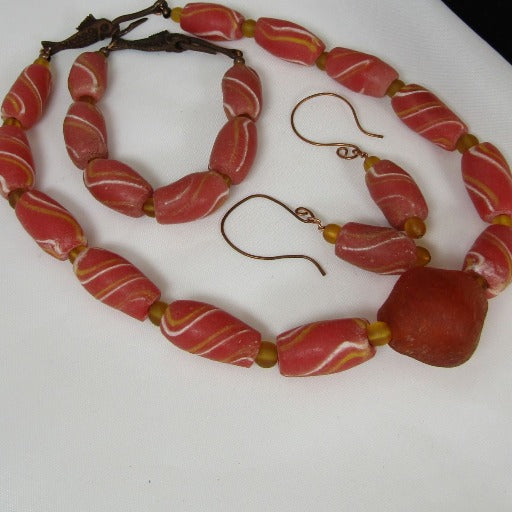 Orange Handmade West African Krobo Trade Bead Necklace Set - VP's Jewelry  