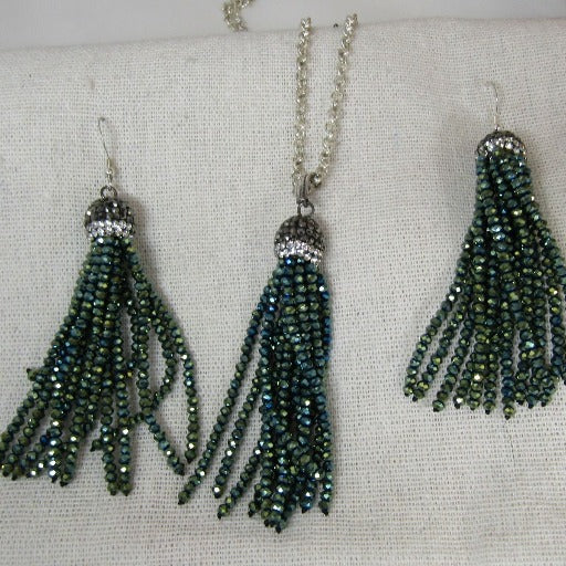 Green Crystal Tassel Pendant Necklace & Earrings - VP's Jewelry