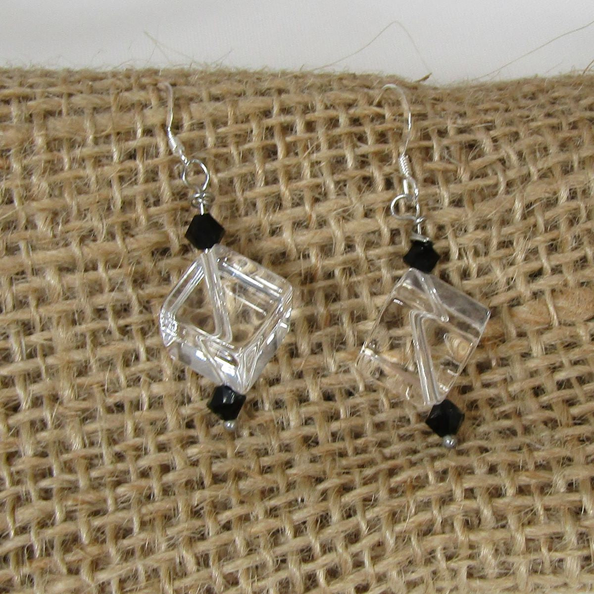 Rock Crystal Quartz Cube & Onyx Earrings Silver Ear Wires - VP's Jewelry