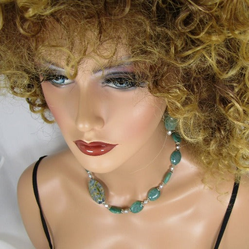 Amazonite Bead Necklace and Earrings with Handmade Artisan Bead Accent - VP's Jewelry  