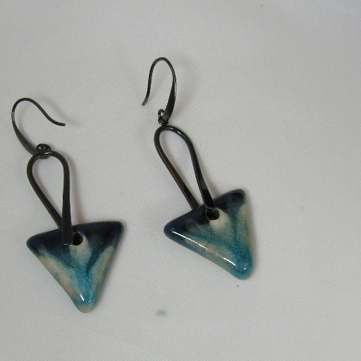 Aqua Wash Artisan Handmade Earrings Raku Glaze Gunmetal Ear Wires - VP's Jewelry  