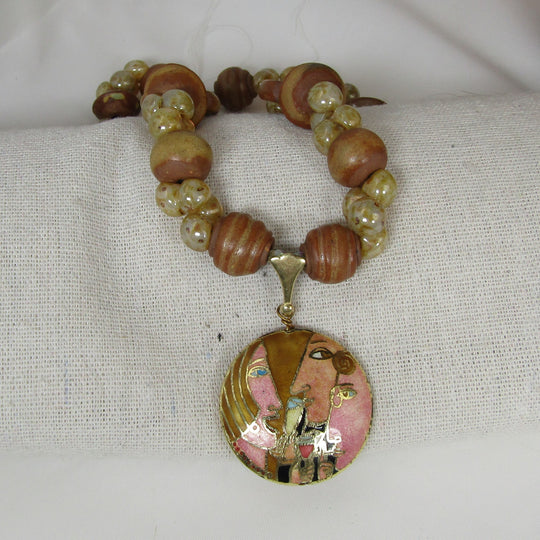 Beige Handmade Artisan Bead Necklace with Wine Motif Pendant - VP's Jewelry