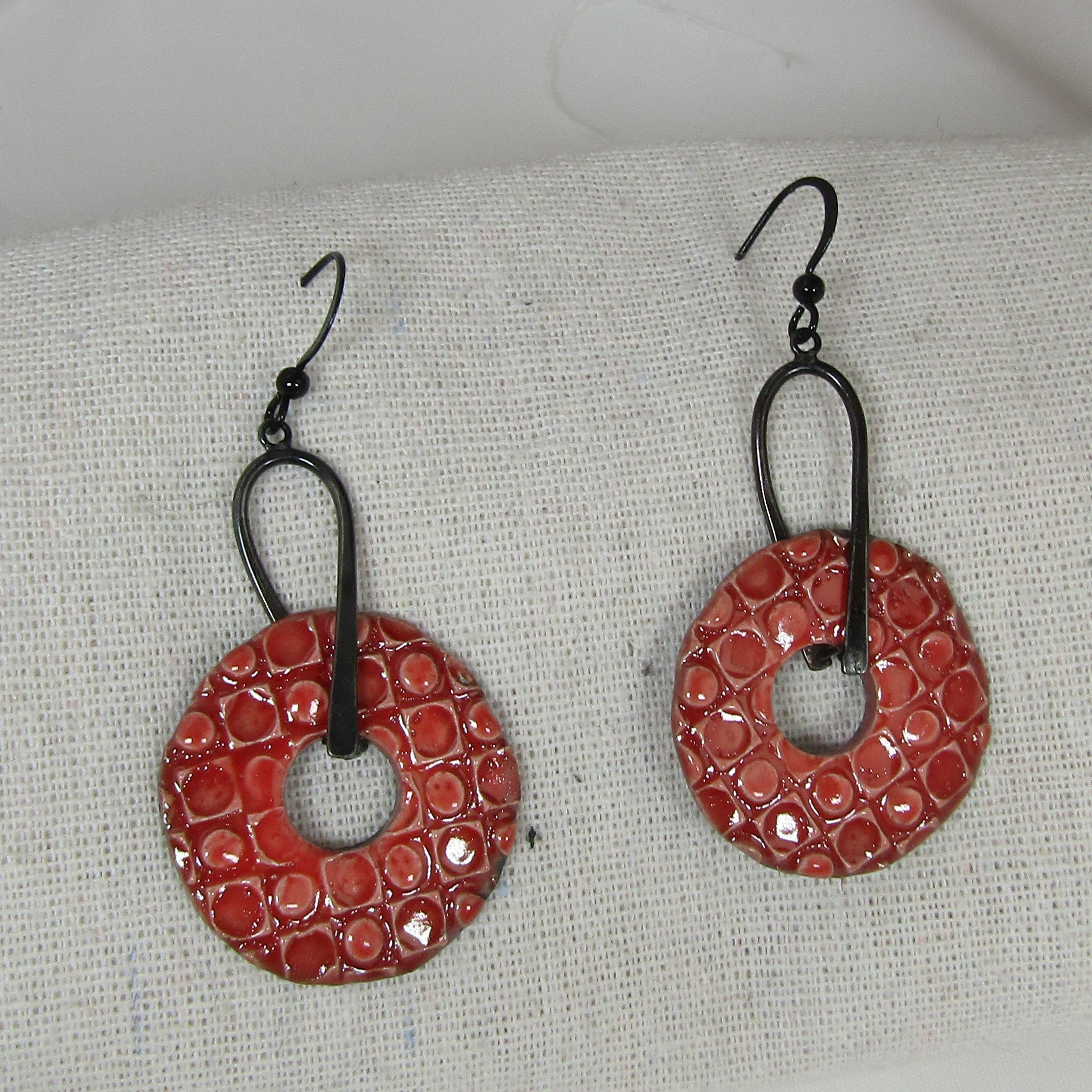 Bright Red Artisan Handmade Earrings Raku Glaze Gunmetal Ear Wires - VP's Jewelry  