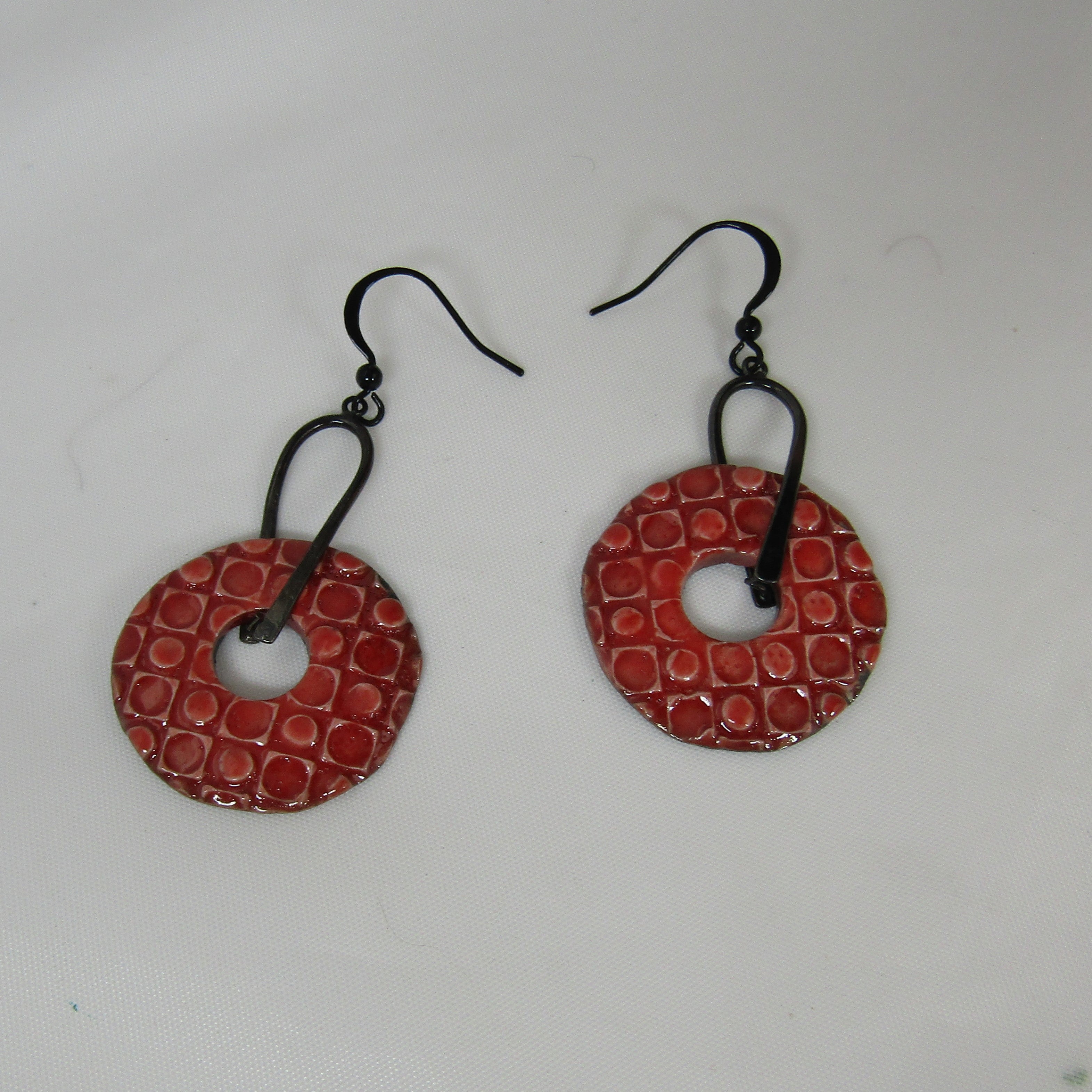 Bright Red Artisan Handmade Earrings Raku Glaze Gunmetal Ear Wires - VP's Jewelry  