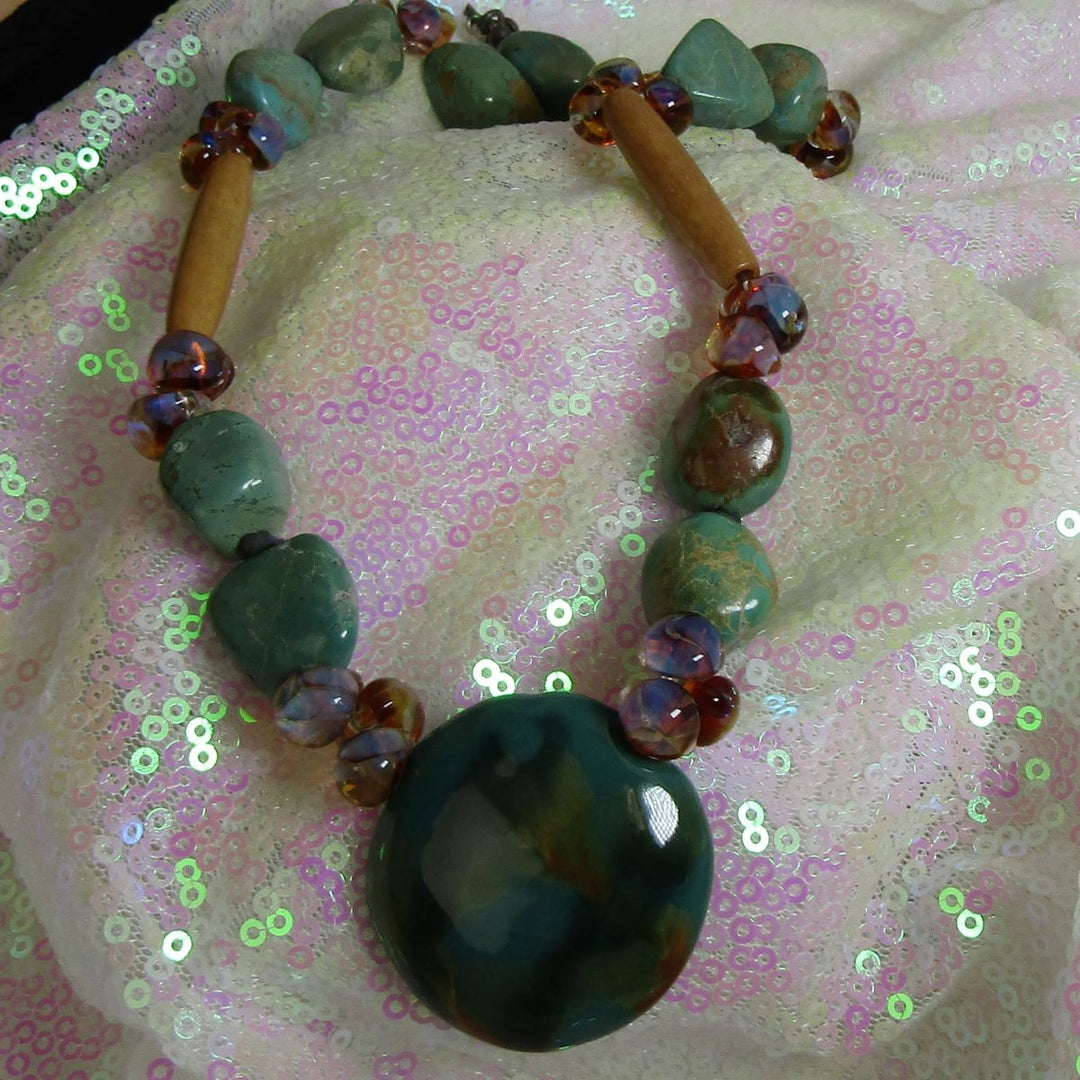 Turquoise Nugget and Peacock African Kazuri Necklace - VP's Jewelry