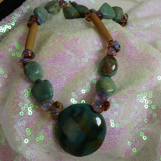 Turquoise Nugget and Peacock African Kazuri Necklace - VP's Jewelry