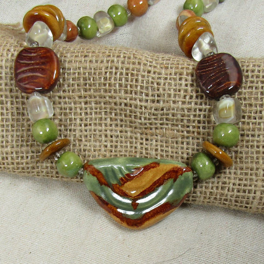 Handmade Chunky Kazuri Necklace Green & Brown Kazuri Beads - VP's Jewelry