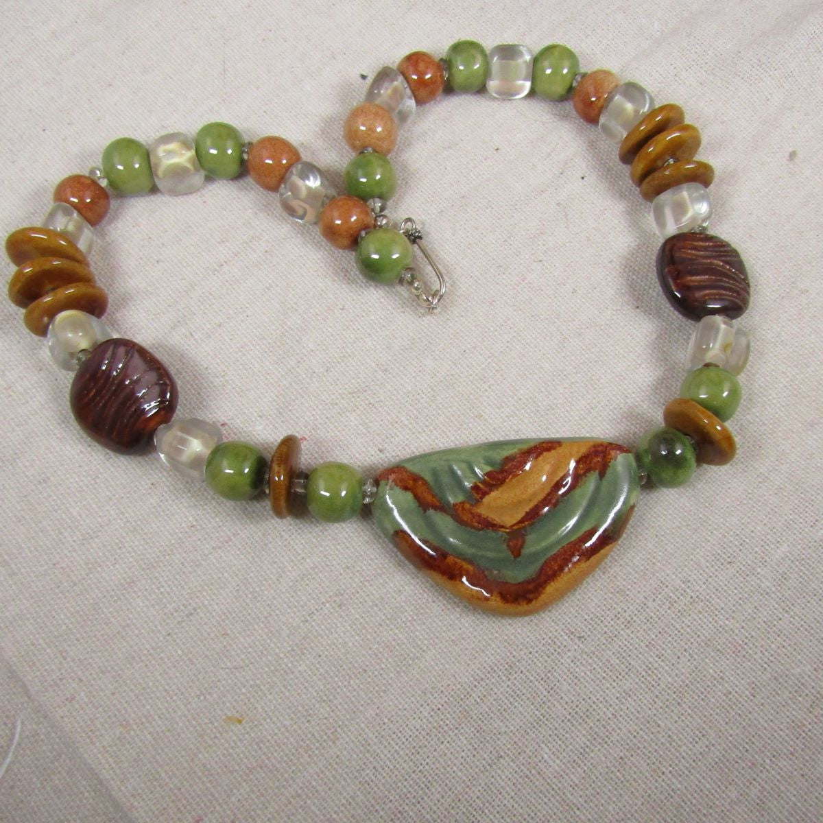 Handmade Chunky Kazuri Necklace Green & Brown Kazuri Beads - VP's Jewelry