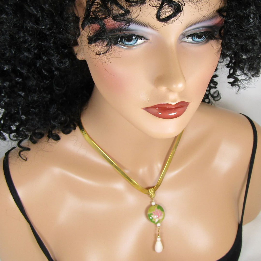 Pink & Green Lotus Flower Handmade Pendant on V-curved Gold Choker - VP's Jewelry