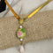 Pink & Green Lotus Flower Handmade Pendant on V-curved Gold Choker - VP's Jewelry