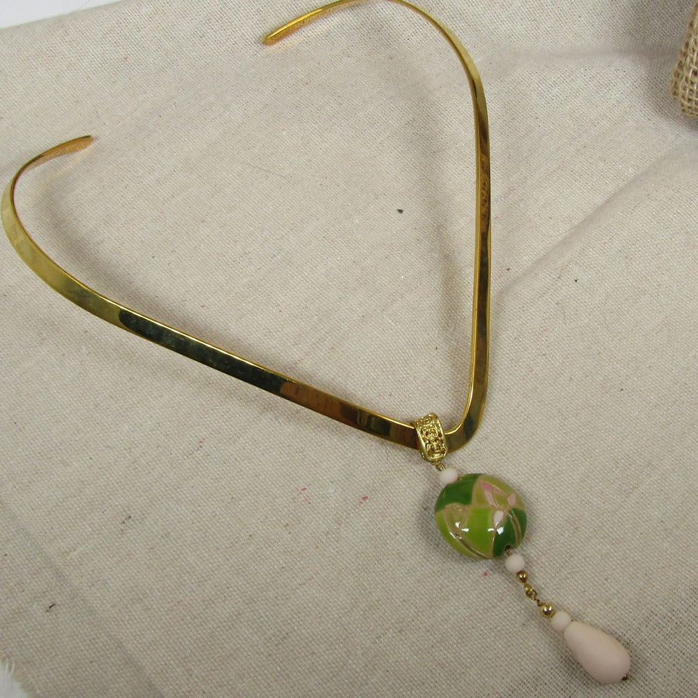 Pink & Green Lotus Flower Handmade Pendant on V-curved Gold Choker - VP's Jewelry