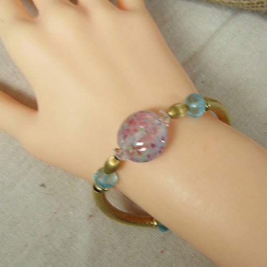 Pink & Aqua Artisan Bead Gold Bangle Bracelet - VP's Jewelry