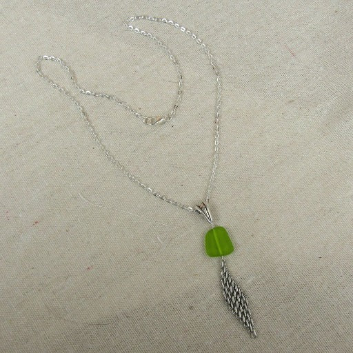 Olive Green Sea Glass & Silver Mesh Pendant Necklace - VP's Jewelry