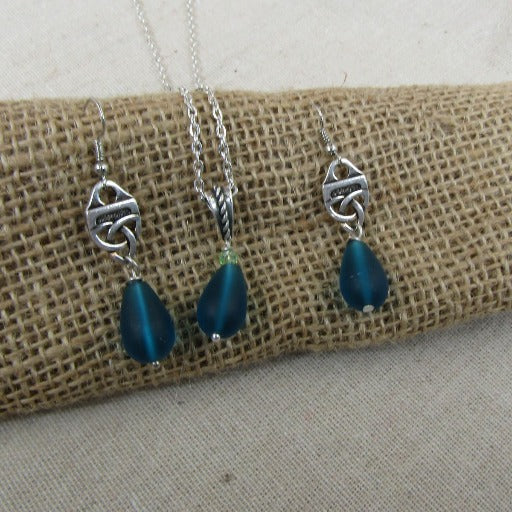 Turquoise Sea Glass Pendant Necklace & Earrings Jewelry Set - VP's Jewelry  