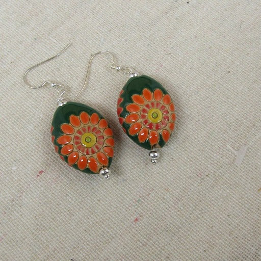 Handmade Emerald Green & Orange Flower Earrings Golem - VP's Jewelry  