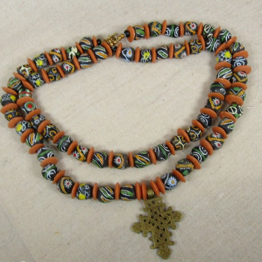 African Trade Bead Pendant Necklace Double Strand Beaded - VP's Jewelry