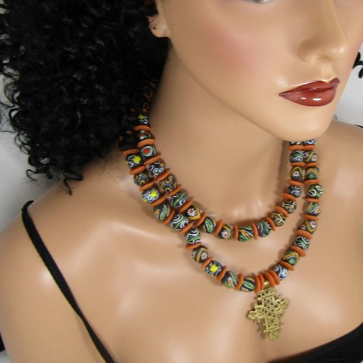African Trade Bead Pendant Necklace Double Strand Beaded - VP's Jewelry