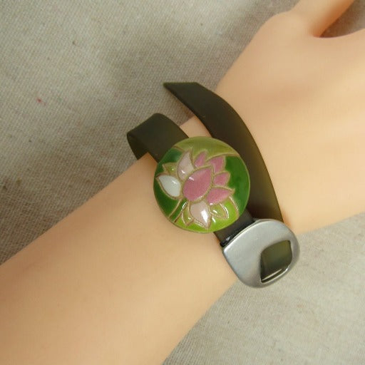 Green Jelly Band Buckle Bracelet Lotus Blossom Handmade Accent - VP's Jewelry