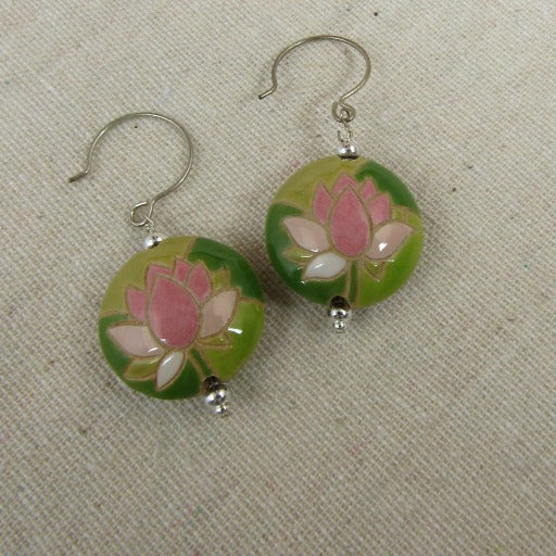 Handmade Pink & Green Lotus Blossom Flower Earrings - VP's Jewelry