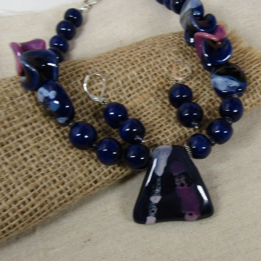 Blue & Purple Handmade Kazuri Bead Necklace & Earrings - VP's Jewelry