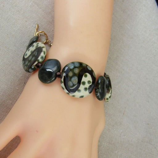 Olive & Cream Kazuri Bracelet Handmade Fair Trade Beads - VP's Jewelry  