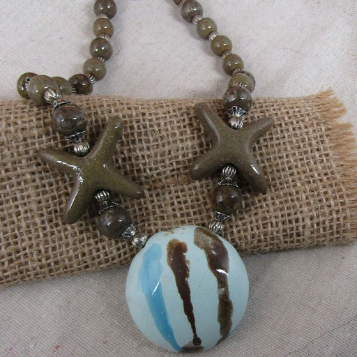Aqua & Brown Handmade Kazuri Pendant Necklace - VP's Jewelry