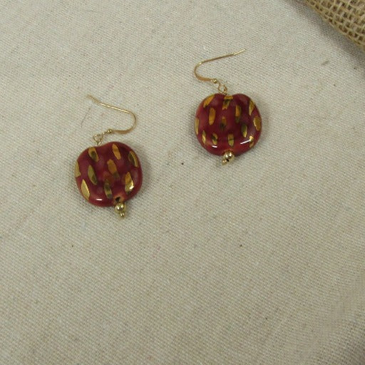 Earrings in Handmade Maroon and Gold Kazuri Beads - VP's Jewelry  