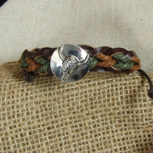 Brown & Green Leather Braided Bracelet Bull Head Accent Unisex - VP's Jewelry