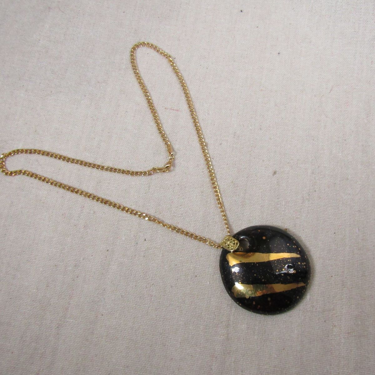 Black and Gold Large Kazuri Pendant Necklace - VP's Jewelry