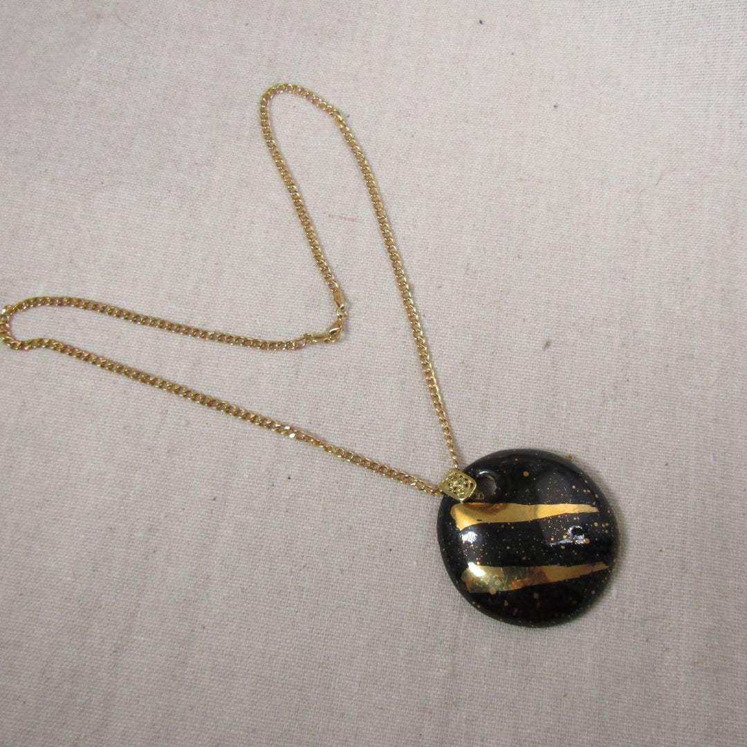 Black and Gold Large Kazuri Pendant Necklace - VP's Jewelry