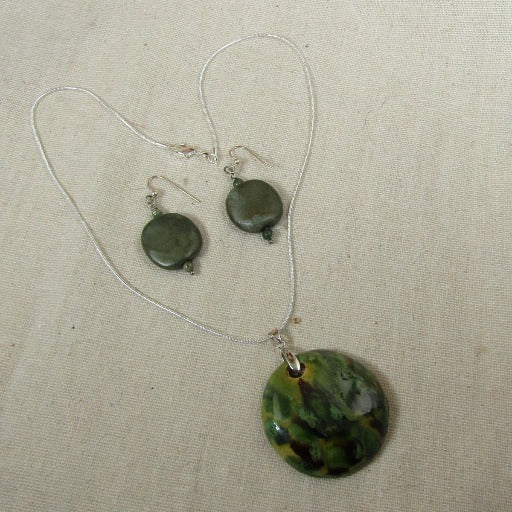 Green Kazuri Pendant Necklace & Earrings - VP's Jewelry