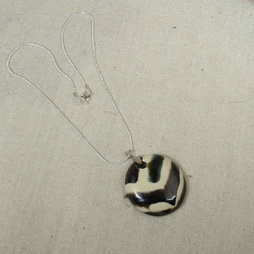 Fair Trade Black & Cream Handmade Kazuri Bead Pendant Necklace - VP's Jewelry