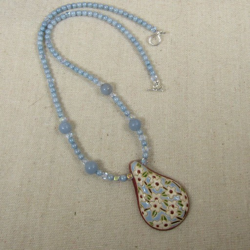 Light Blue & White Flower Handmade Artisan Pendant Necklace - VP's Jewelry