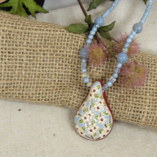 Light Blue & White Flower Handmade Artisan Pendant Necklace - VP's Jewelry