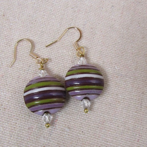 Purple & Lilac Striped Handmade Bead Earrings - VP's Jewelry  