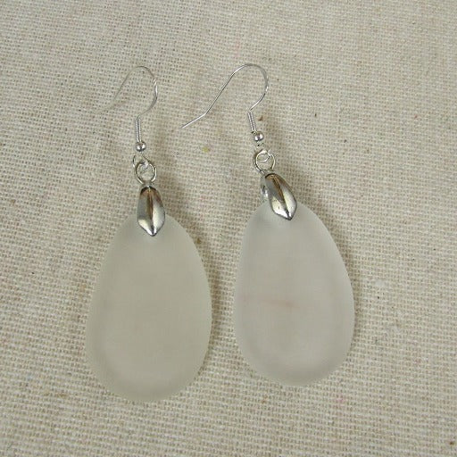 Frosted Clear Sea Glass Drop  Earrings