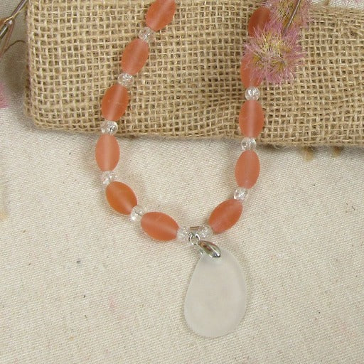 Peach & Clear Sea Glass Pendant Necklace - VP's Jewelry