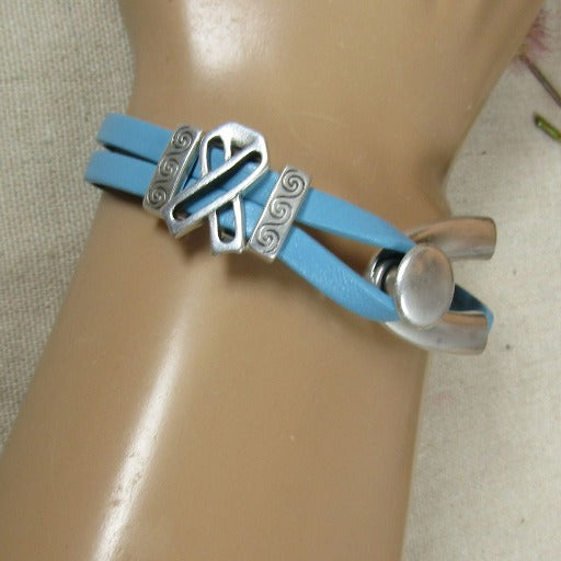 Men's Light Blue Awareness Leather Cord Bracelet Wishbone Design - VP's Jewelry