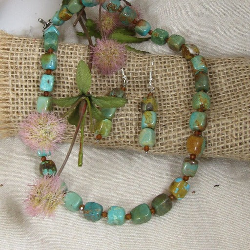 Natural Turquoise  Beaded Necklace & Earrings Jewelry Set - VP's Jewelry