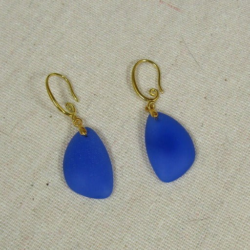 Blue Sea Glass Earrings Gold Ear Wires - VP's Jewelry