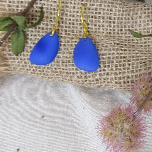 Blue Sea Glass Earrings Gold Ear Wires - VP's Jewelry