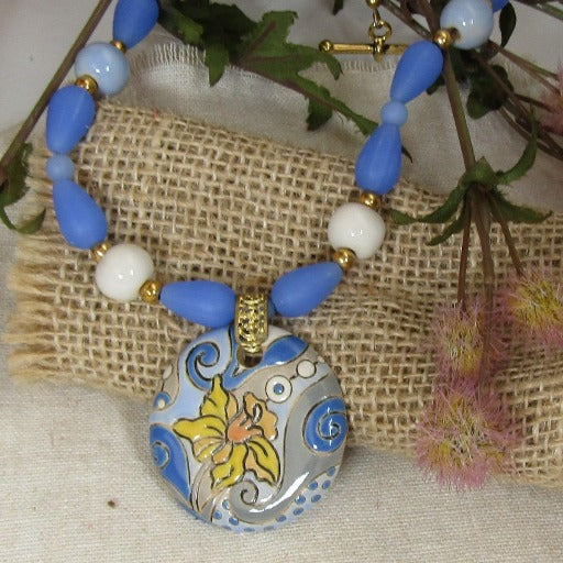 Handmade Blue & Yellow Artisan Pendant Necklace Golem - VP's Jewelry