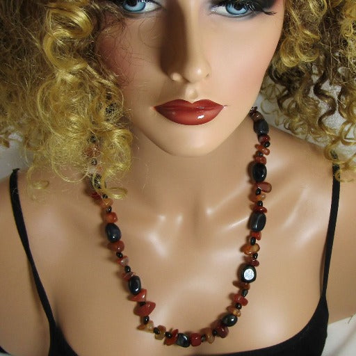 Long Agate & Onyx Gemstone Beaded Necklace