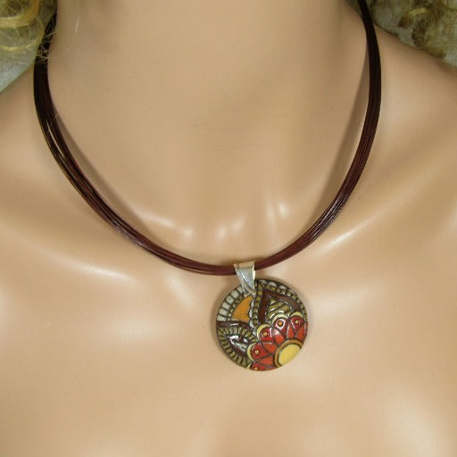 Brown Multi-strand Necklace with Shades of Autumn Handmade Pendant